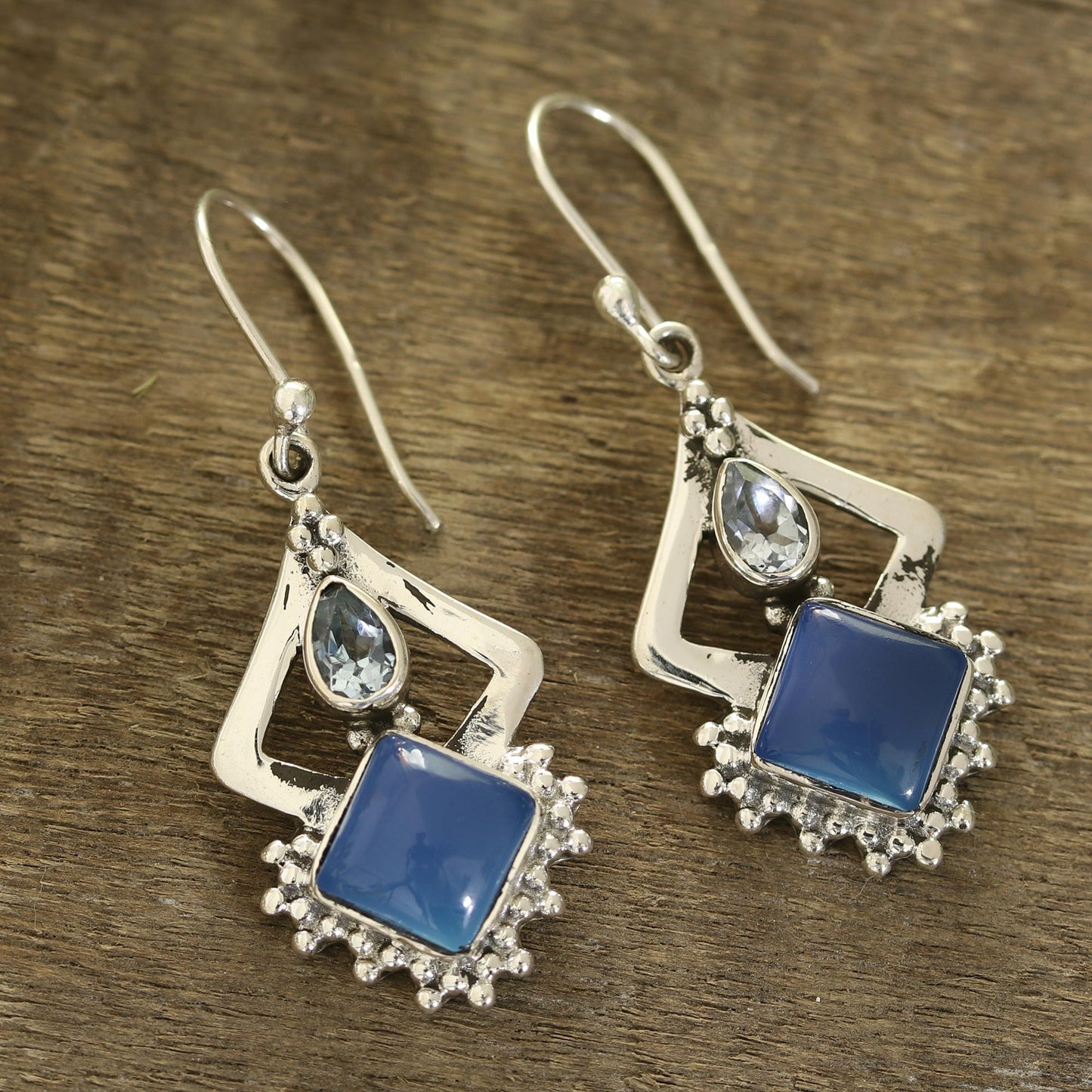 Blue Creativity Chalcedony and Blue Topaz Dangle Earrings from India