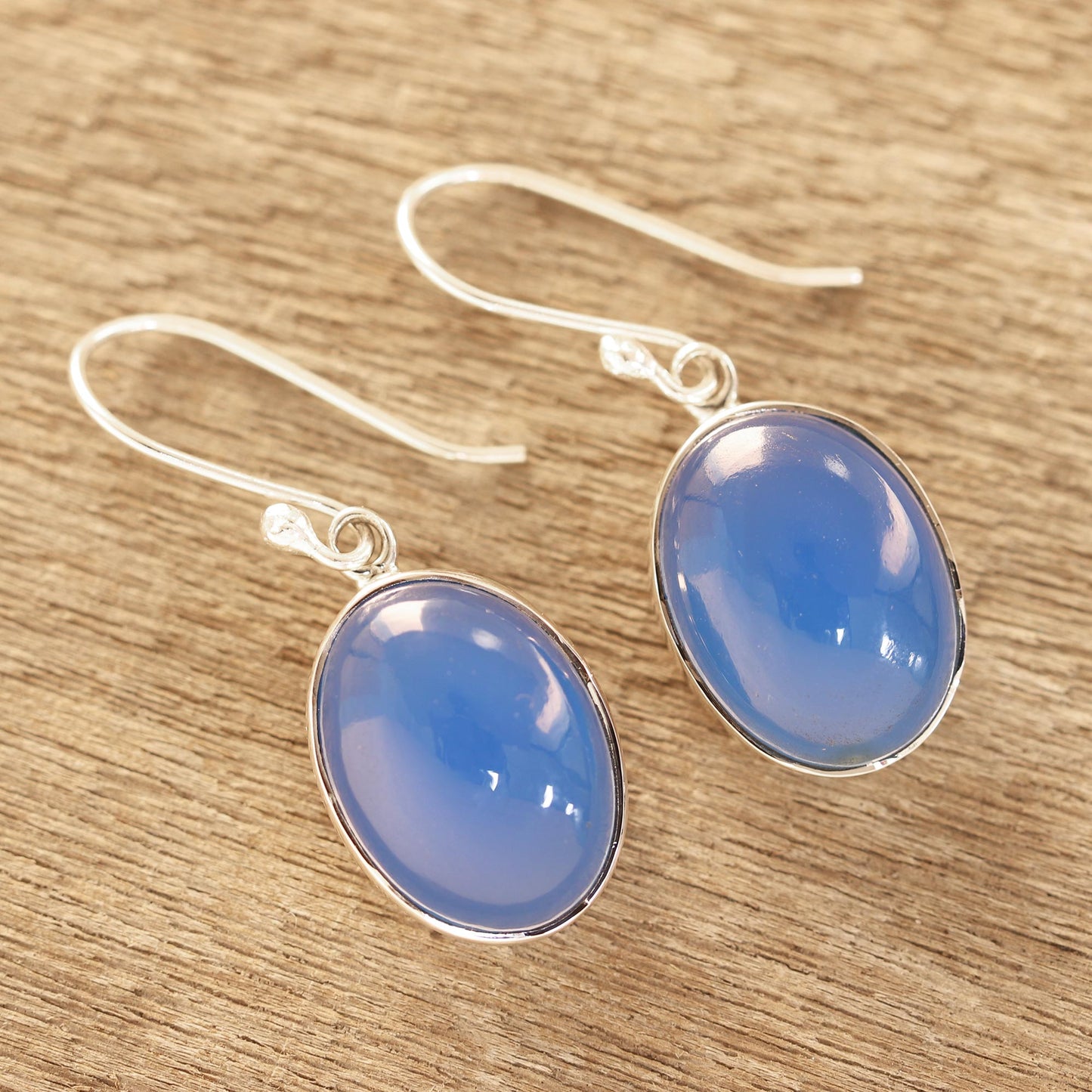 Cool Ovals Oval Blue Chalcedony Dangle Earrings from India