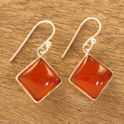 Honey Squares Square Carnelian Dangle Earrings from India