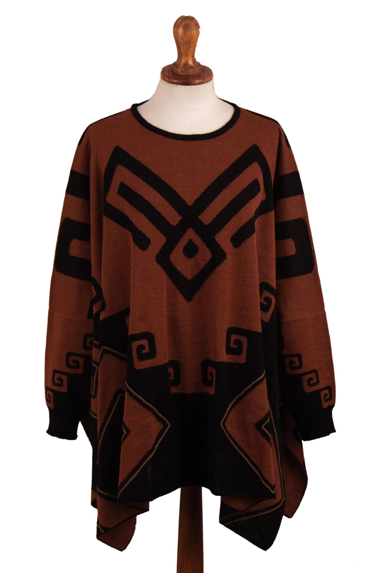 Inca Contrast Black and Russet Alpaca Blend Poncho from Peru