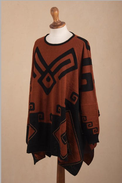 Inca Contrast Black and Russet Alpaca Blend Poncho from Peru