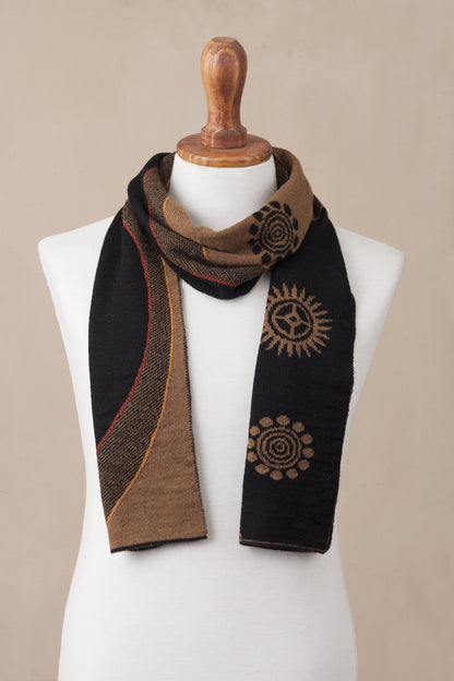 Sepia and Black Cosmovision Reversible Sepia and Black Sun Motif Alpaca Blend Scarf