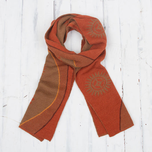 Pumpkin and Sepia Cosmovision Sun Motif Sepia and Pumpkin Alpaca Blend Scarf from Peru