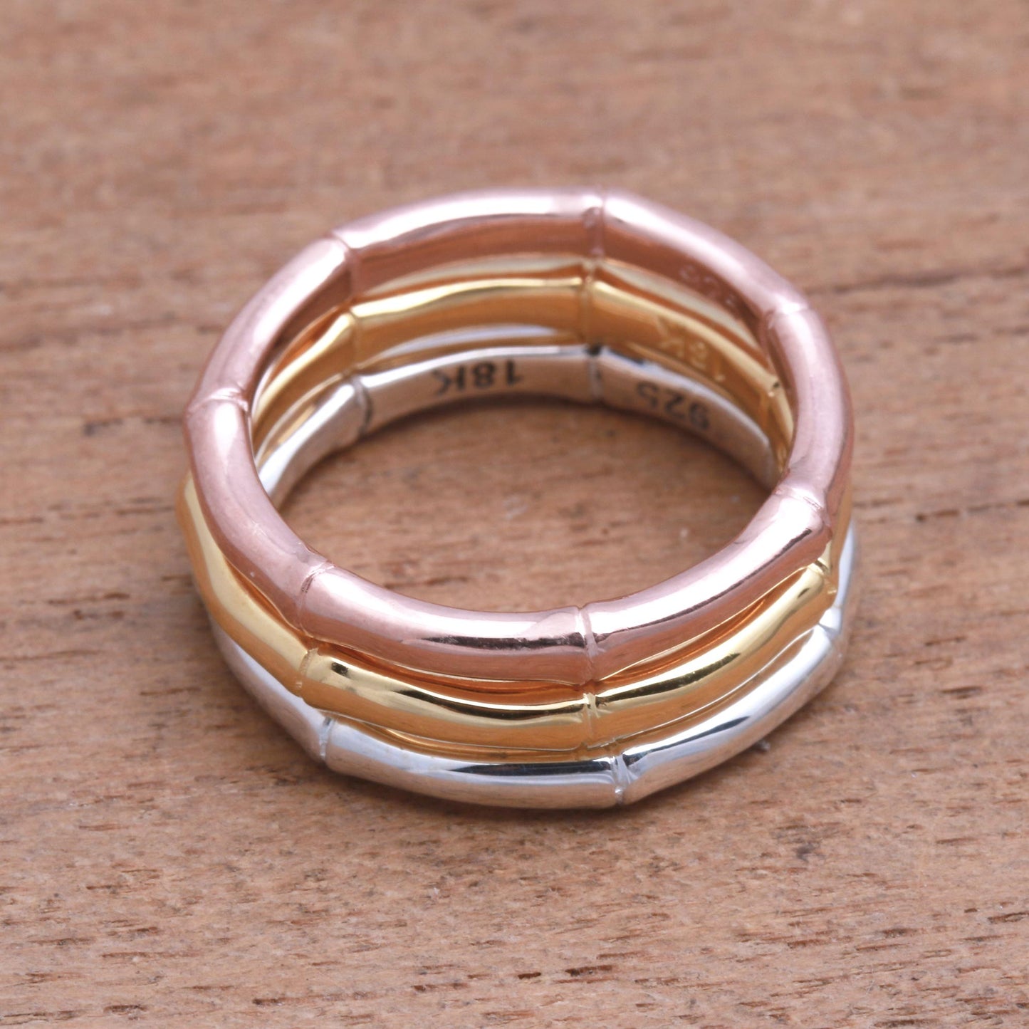 Bamboo Trio 3 Bamboo Motif Rings in Silver, Gold and Rose Gold