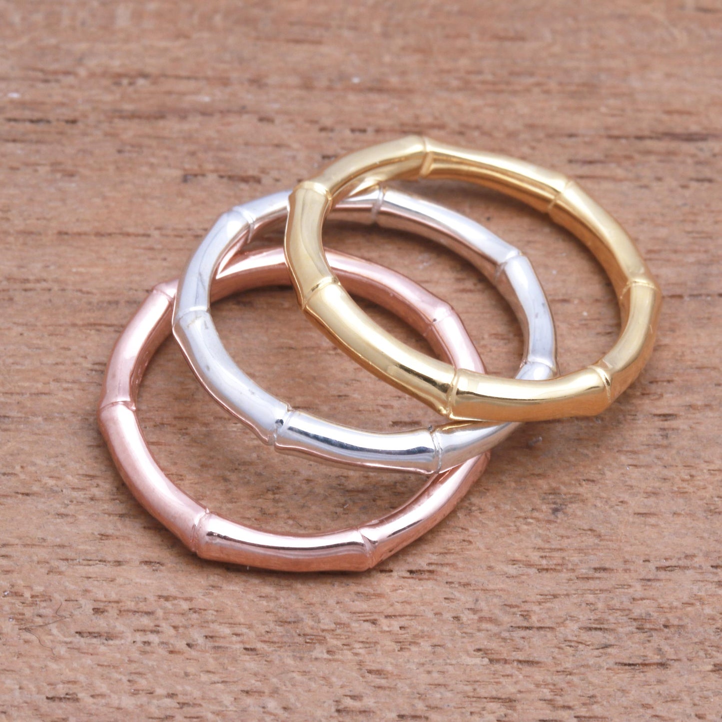 Bamboo Trio 3 Bamboo Motif Rings in Silver, Gold and Rose Gold