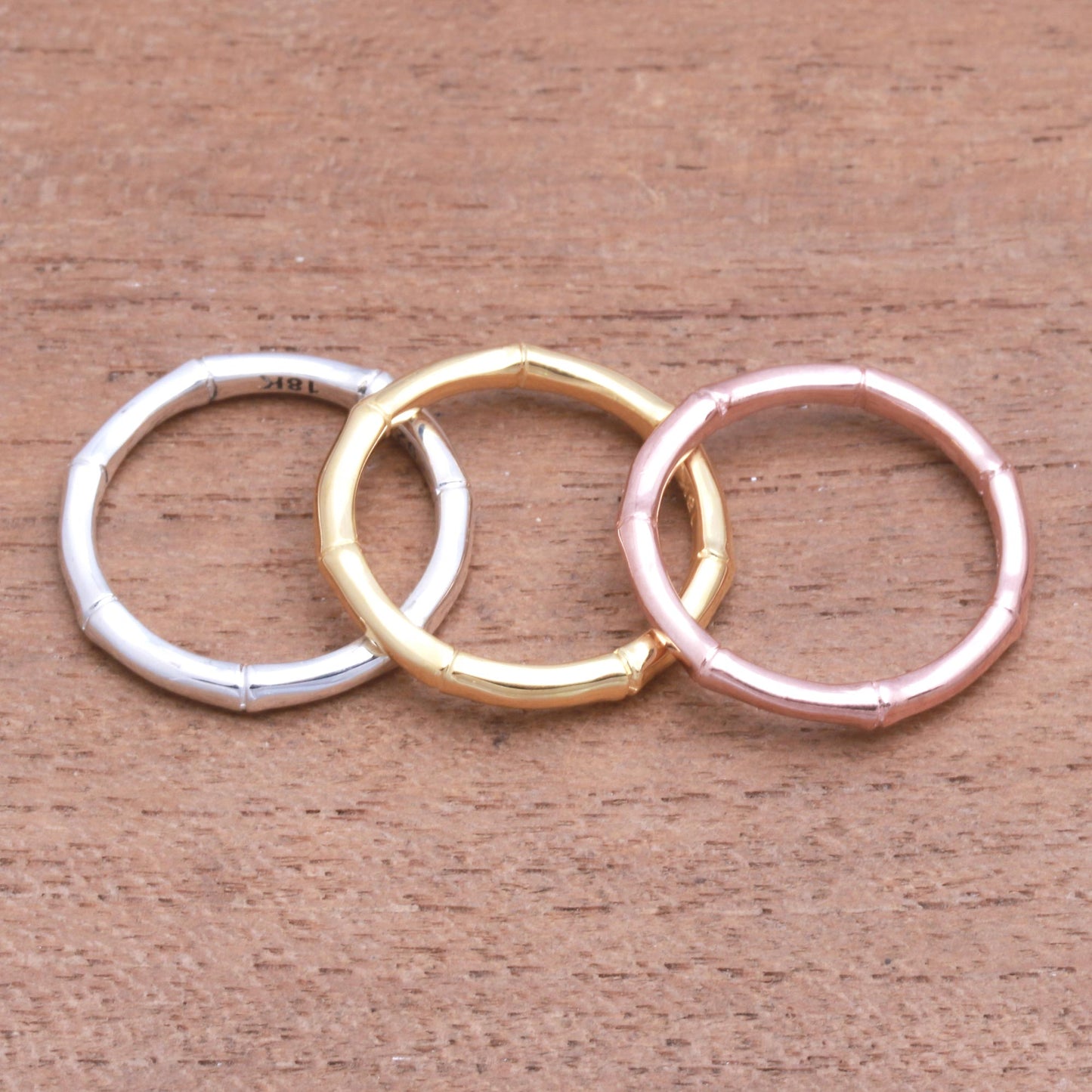 Bamboo Trio 3 Bamboo Motif Rings in Silver, Gold and Rose Gold