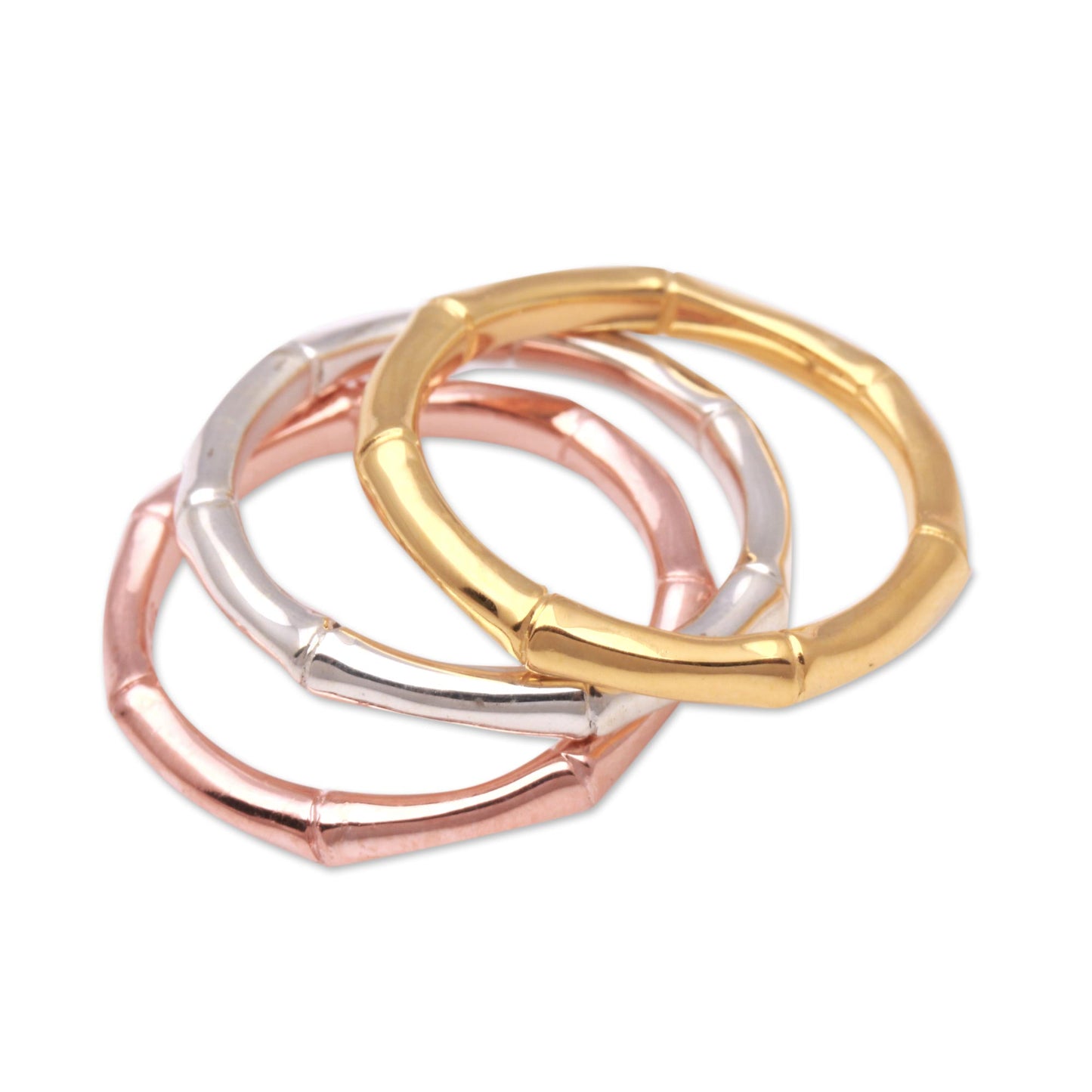 Bamboo Trio 3 Bamboo Motif Rings in Silver, Gold and Rose Gold