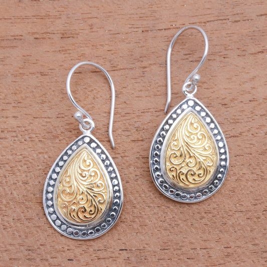 Droplet Frames Swirl Pattern Gold Accented Sterling Silver Dangle Earrings