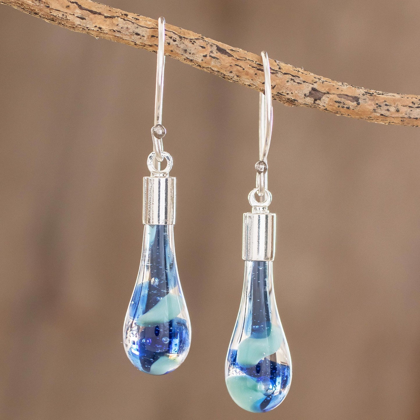 Sky and Sea Art Glass Dangle Earrings in Blue from Costa Rica