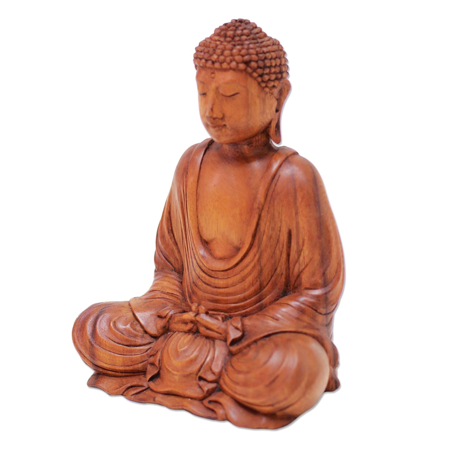 Let Peace In Hand-Carved Suar Wood Buddha Sculpture from Indonesia