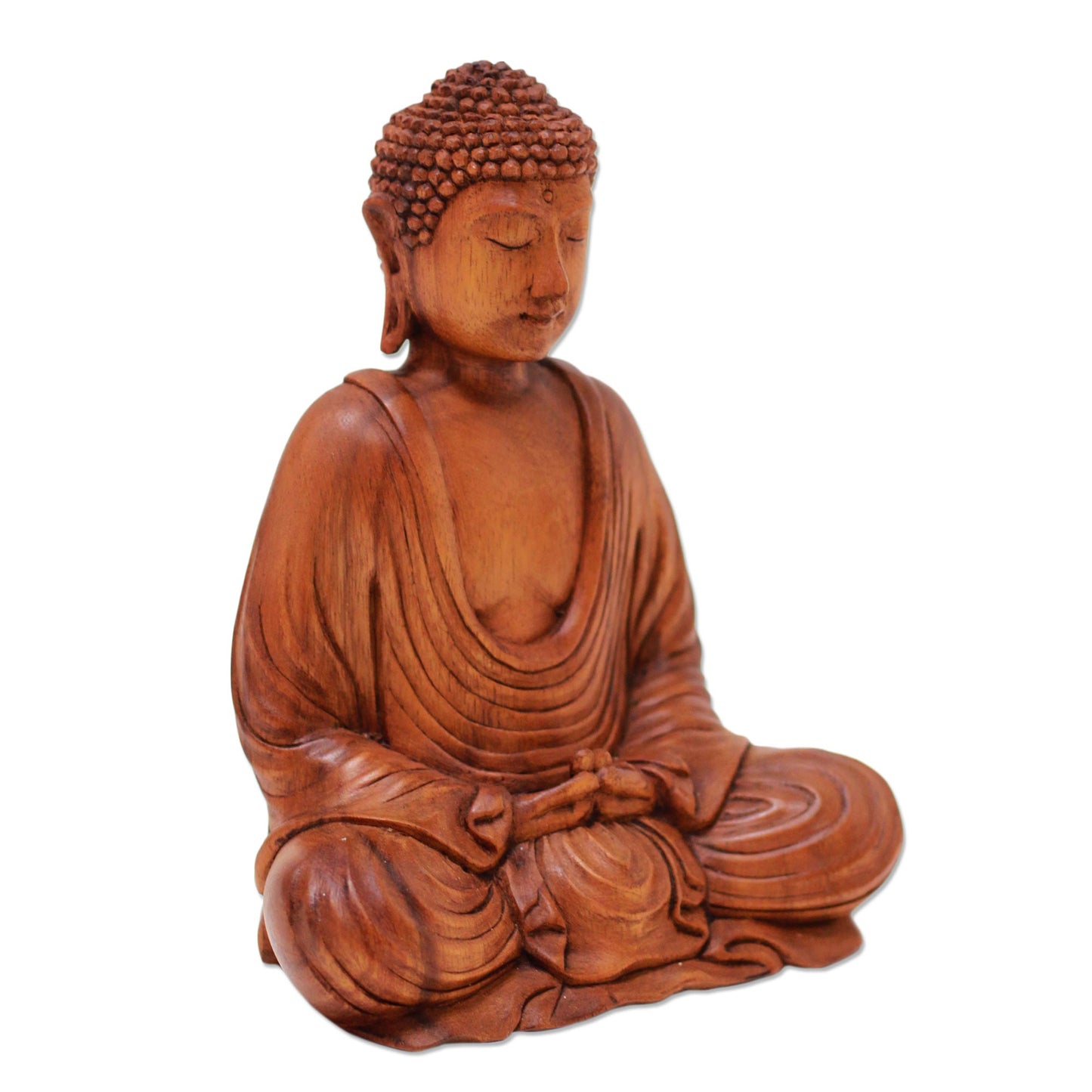 Let Peace In Hand-Carved Suar Wood Buddha Sculpture from Indonesia