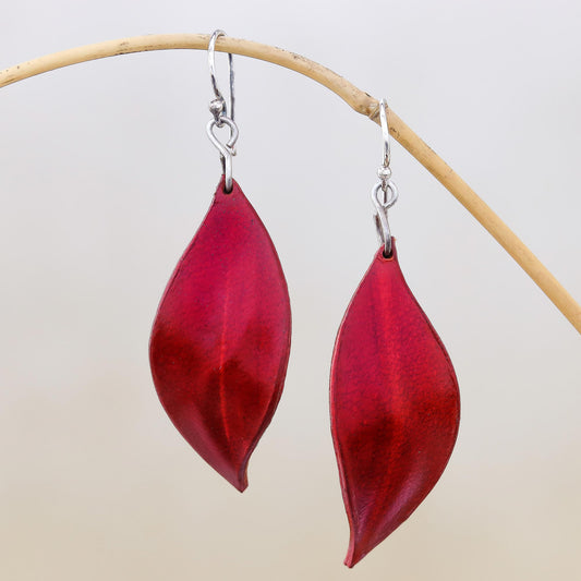 Fanciful Leaves in Red Leaf-Shaped Leather Dangle Earrings in Red from Thailand