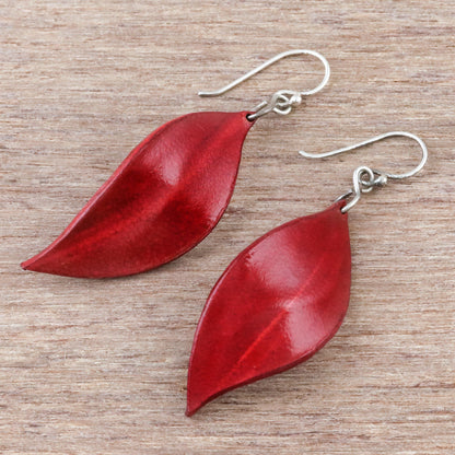 Fanciful Leaves in Red Leaf-Shaped Leather Dangle Earrings in Red from Thailand