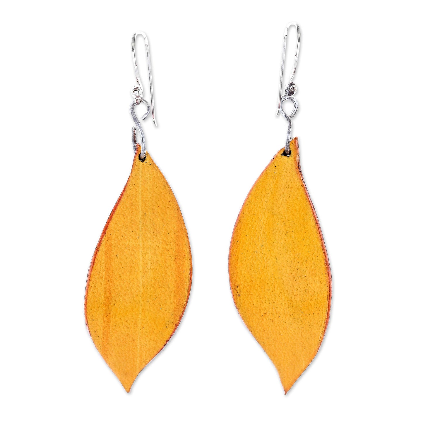 Fanciful Leaves in Yellow Leaf-Shaped Leather Dangle Earrings in Yellow from Thailand