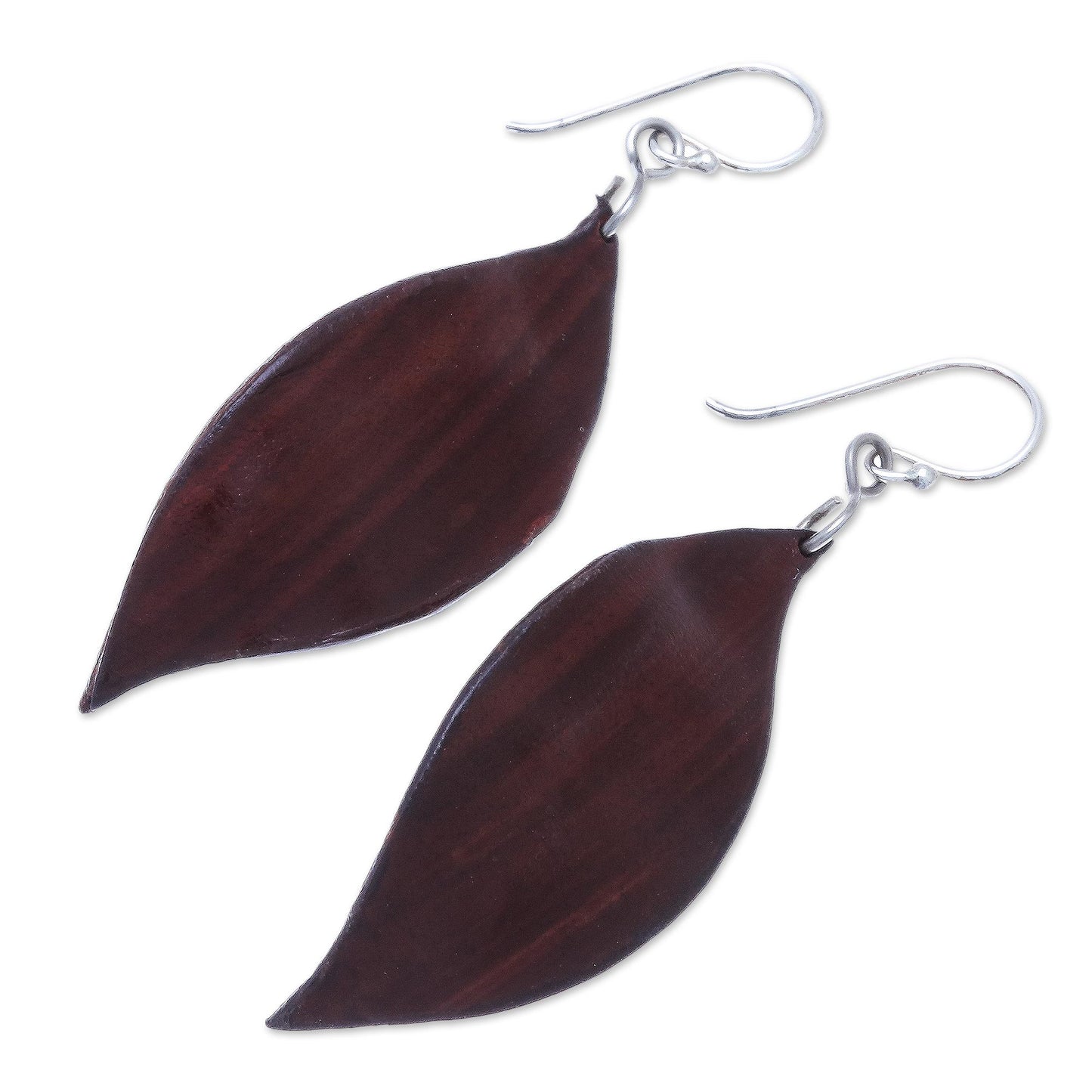 Fanciful Leaves in Brown Leaf-Shaped Leather Dangle Earrings in Brown from Thailand