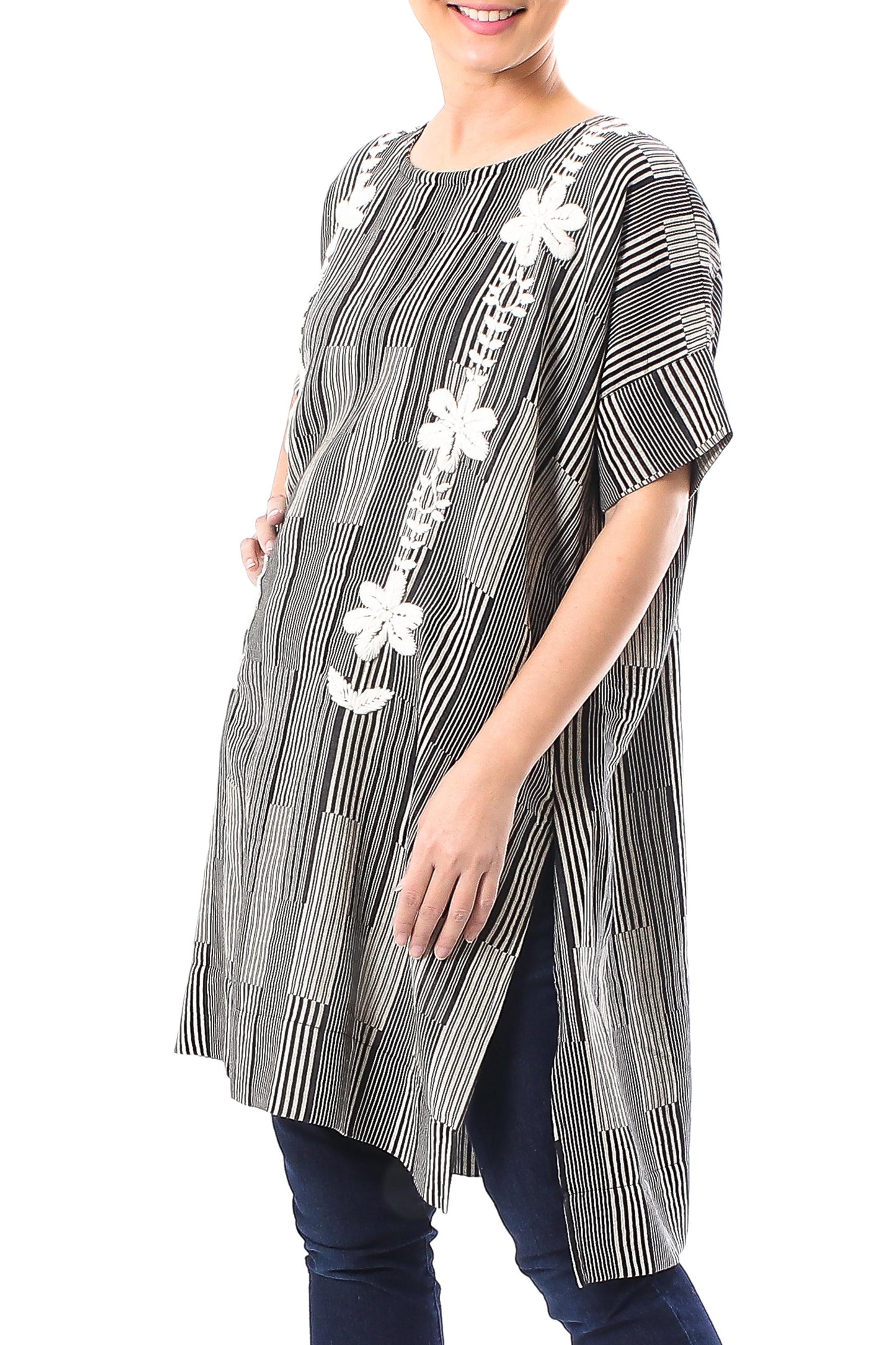 Floral Lattice Black and Alabaster Floral Cotton Long Length Tunic