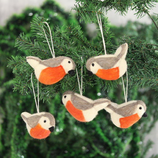 Holiday Song Wool Felt Bird Ornaments from India (Set of 5)