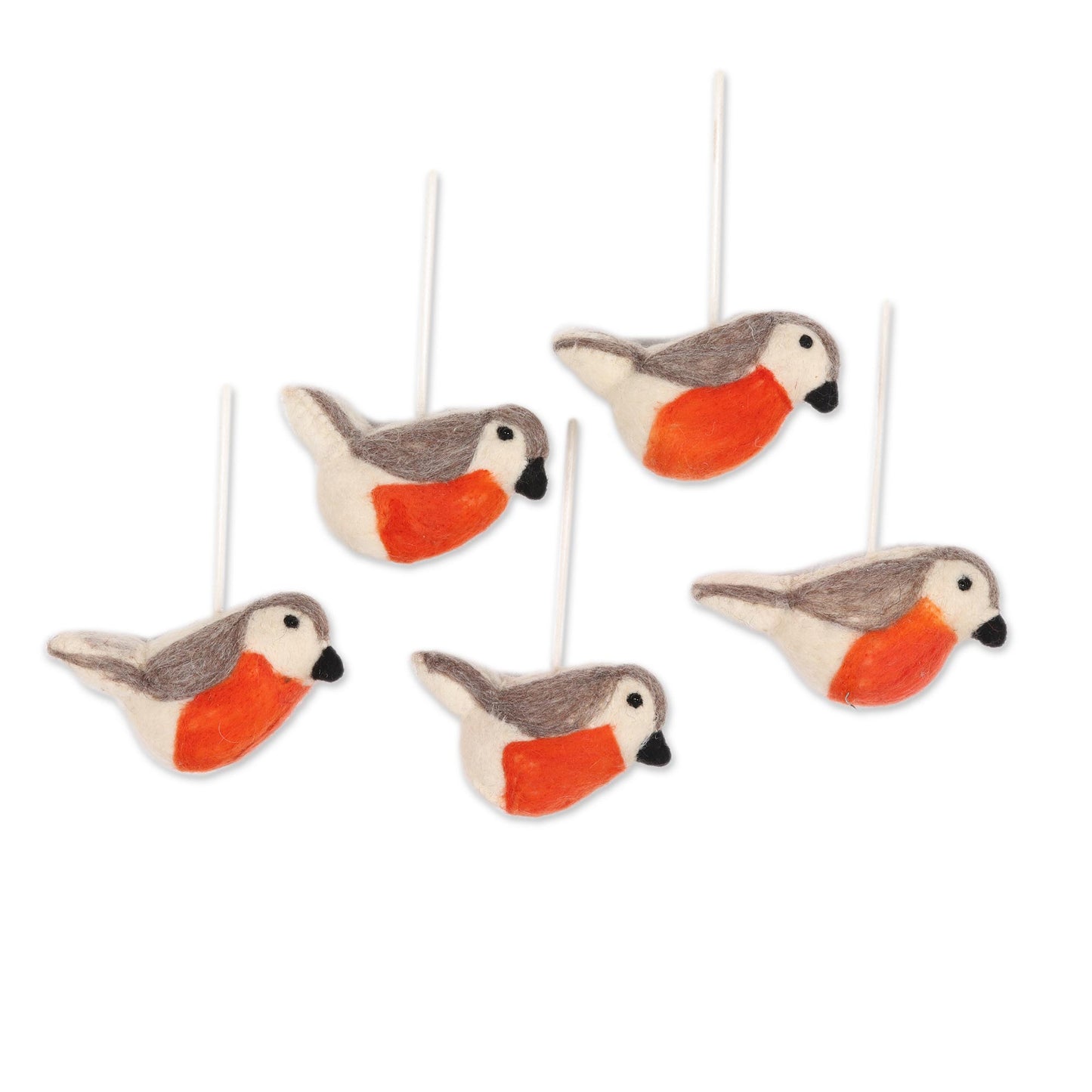 Holiday Song Wool Felt Bird Ornaments from India (Set of 5)