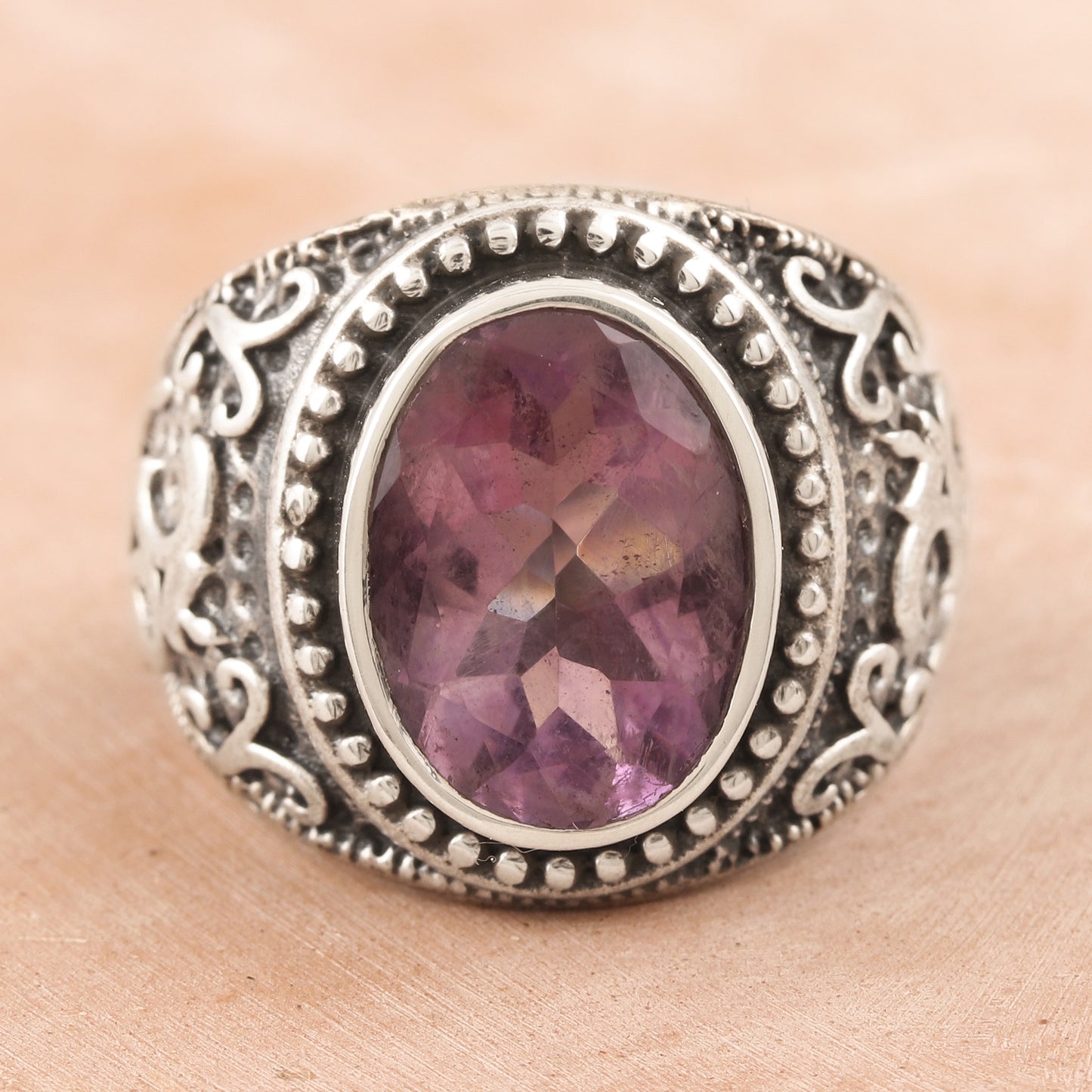 Om Glitter Om-Themed Amethyst Single-Stone Ring from India