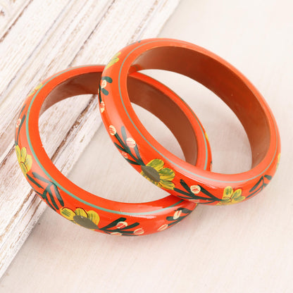 Vermilion Garden Floral Haldu Wood Bangle Bracelets in Vermilion (Pair)