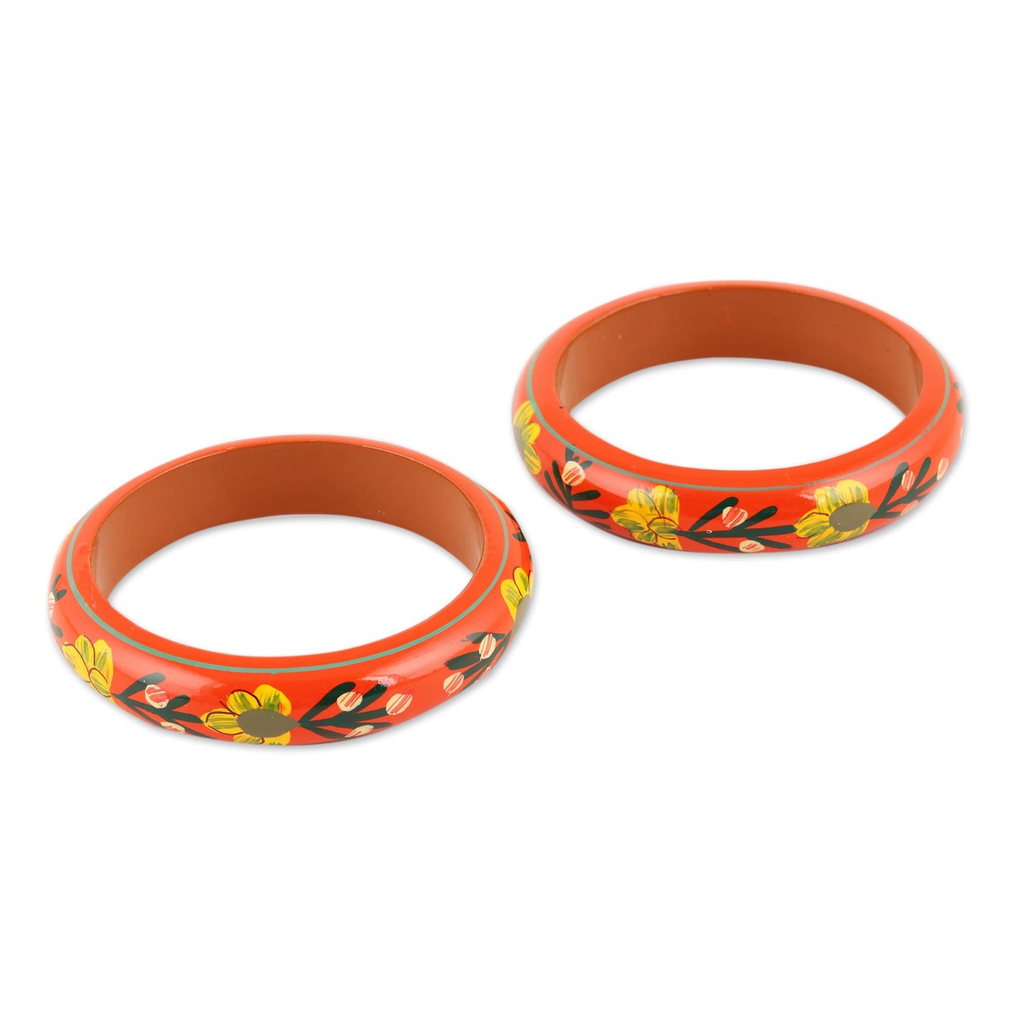 Vermilion Garden Floral Haldu Wood Bangle Bracelets in Vermilion (Pair)