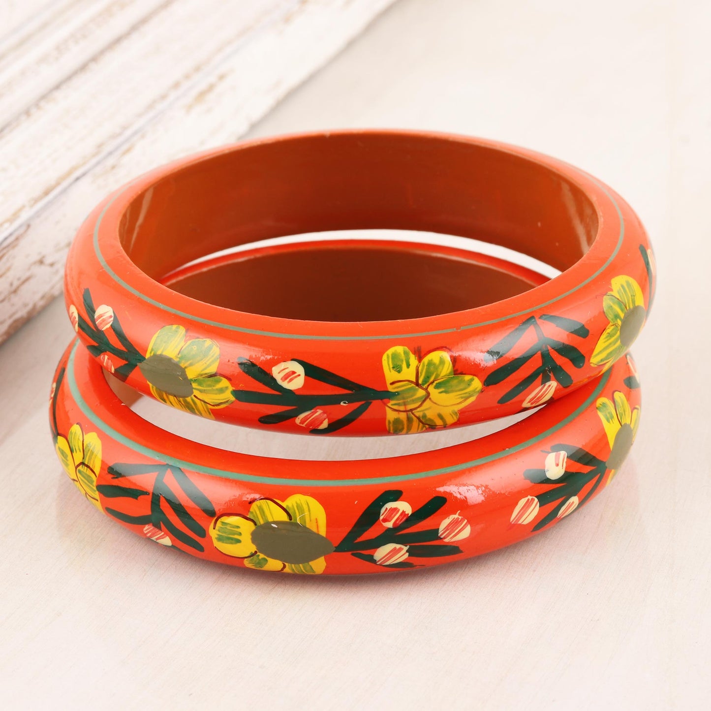 Vermilion Garden Floral Haldu Wood Bangle Bracelets in Vermilion (Pair)