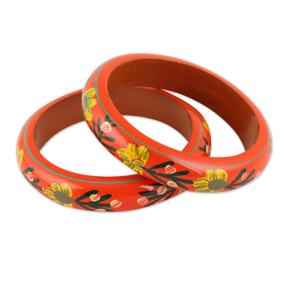 Vermilion Garden Floral Haldu Wood Bangle Bracelets in Vermilion (Pair)