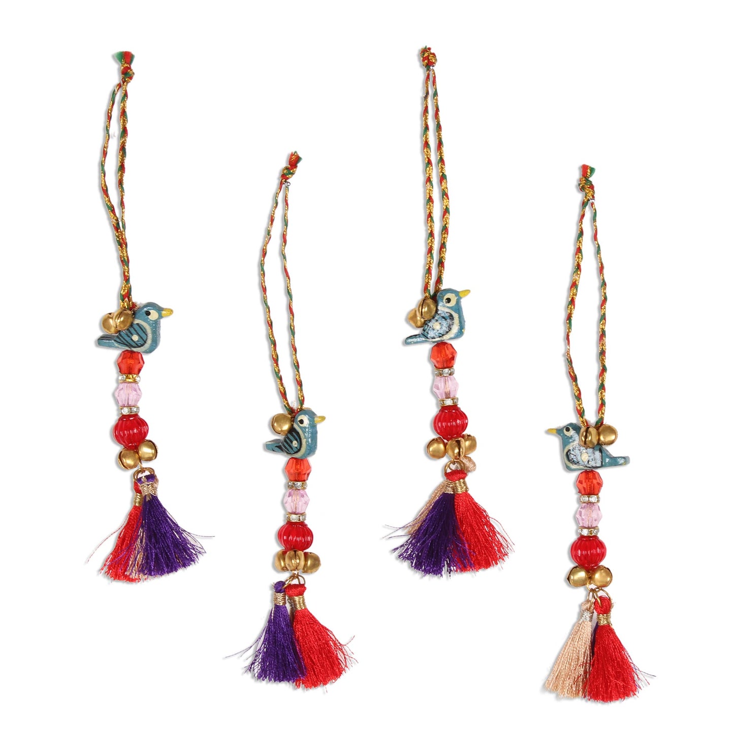 Chirping Birds Bird-Themed Wood Beaded Ornaments from India (Set of 4)