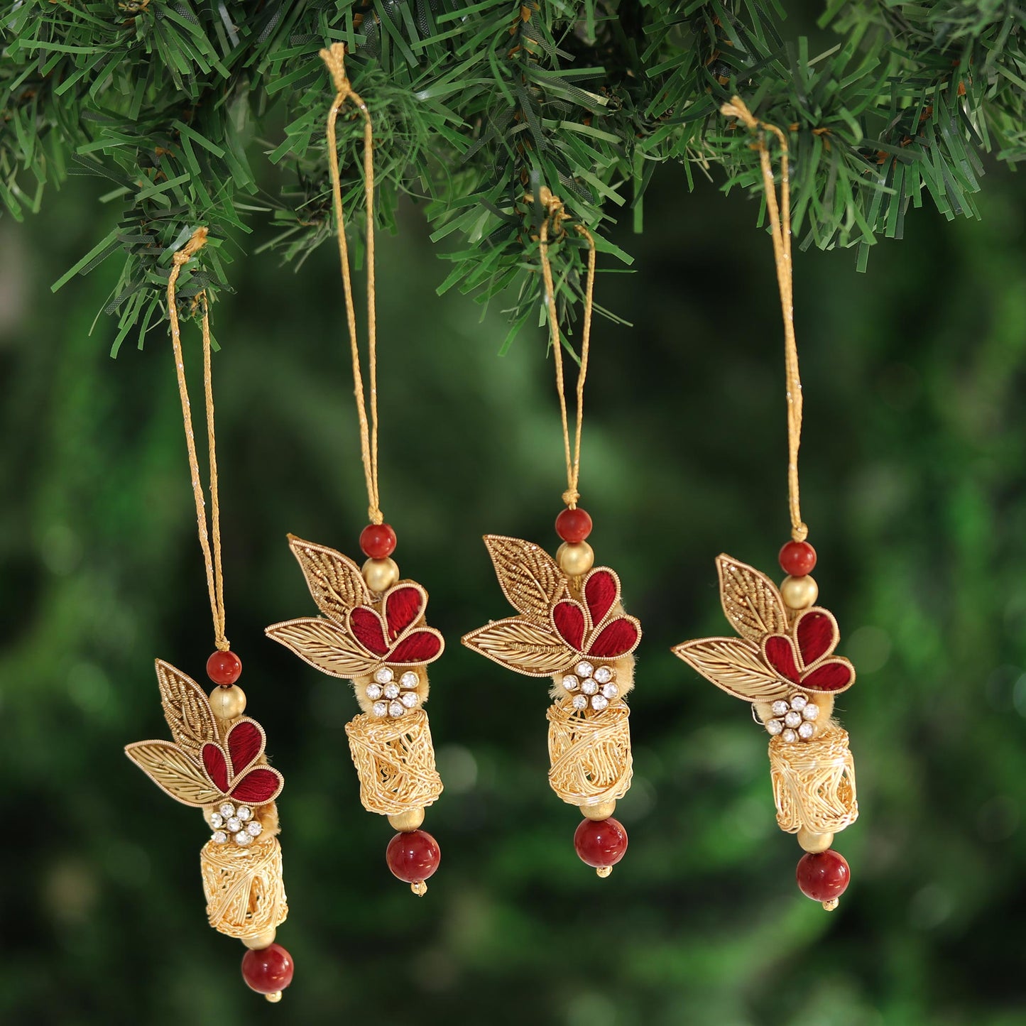 Gorgeous Quartet Red and Gold-Tone Beaded Ornaments from India (Set of 4)