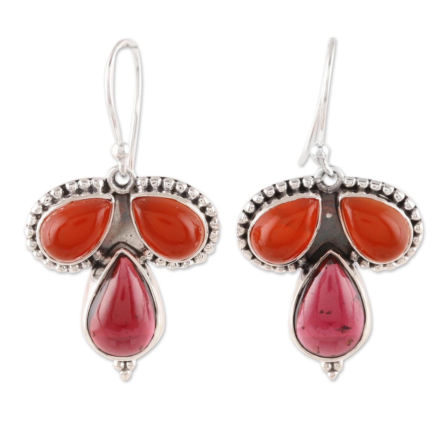 Droplet Trios Teardrop Carnelian and Garnet Dangle Earrings from India