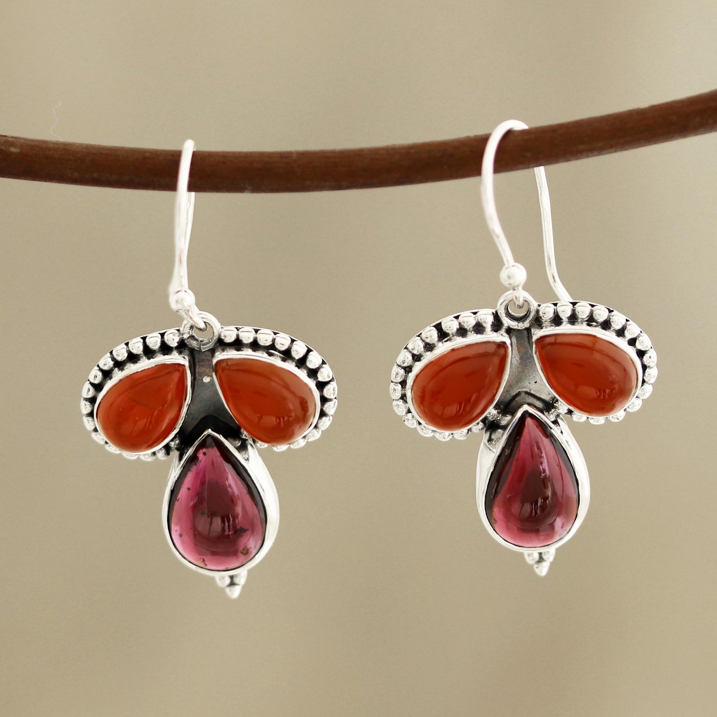 Droplet Trios Teardrop Carnelian and Garnet Dangle Earrings from India