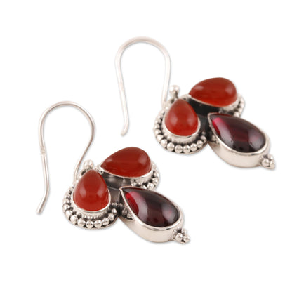 Droplet Trios Teardrop Carnelian and Garnet Dangle Earrings from India