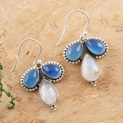 Droplet Trios Teardrop Chalcedony and Rainbow Moonstone Dangle Earrings