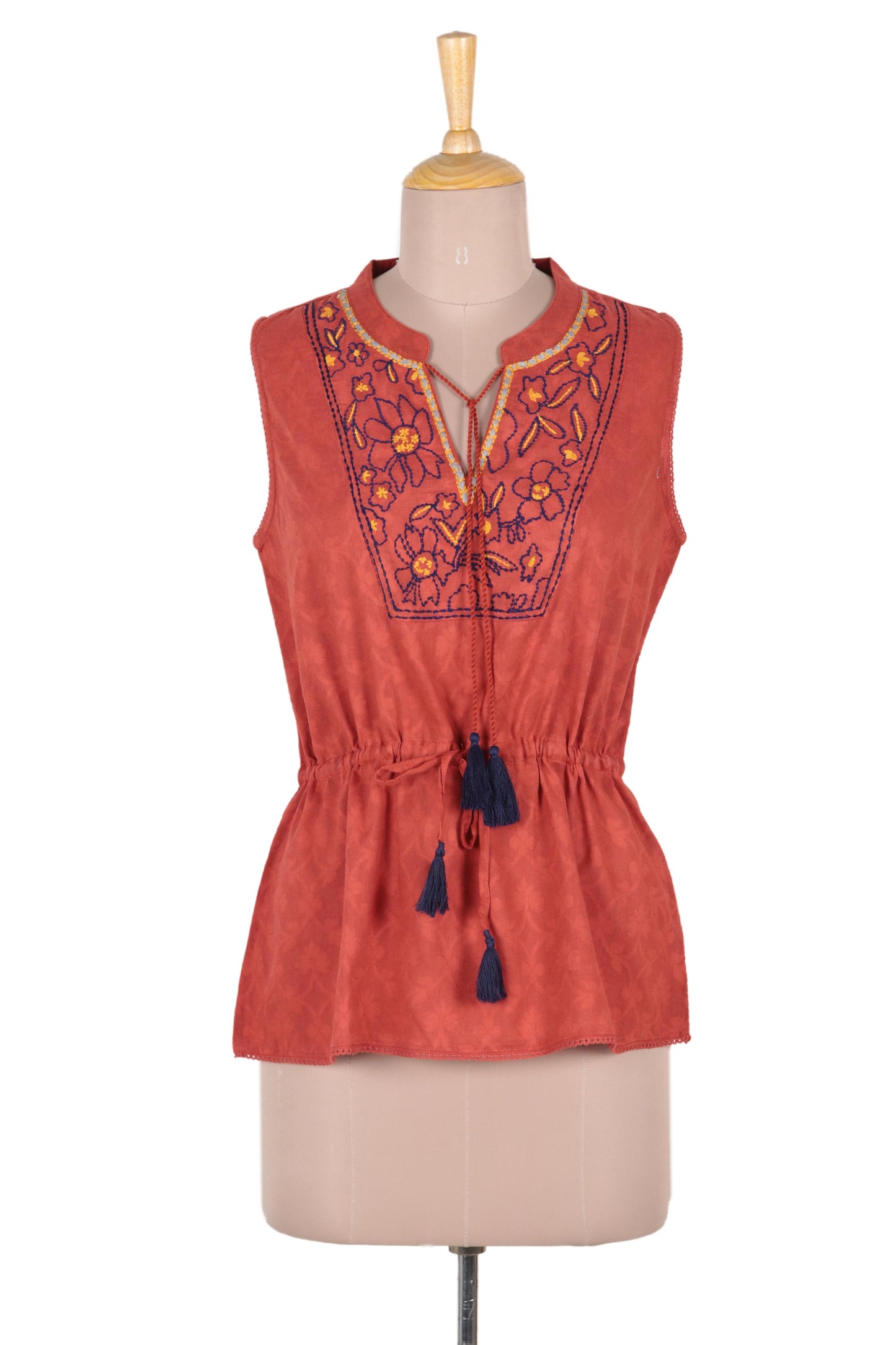 Delhi Spring in Russet Floral Embroidered Cotton Blouse in Paprika from India