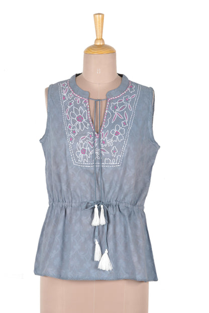 Delhi Spring in Wedgwood Sleeveless Cotton Blouse in Blue from India