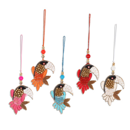 Glamorous Toucans Beaded Toucan Ornaments from India (Set of 5)