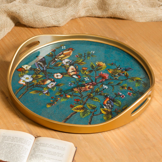 Birds of Spring Floral Reverse-Painted Glass Tray in Turquoise from Peru