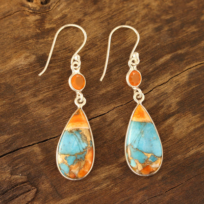 Teardrop Glamour Carnelian and Composite Turquoise Dangle Earrings from India