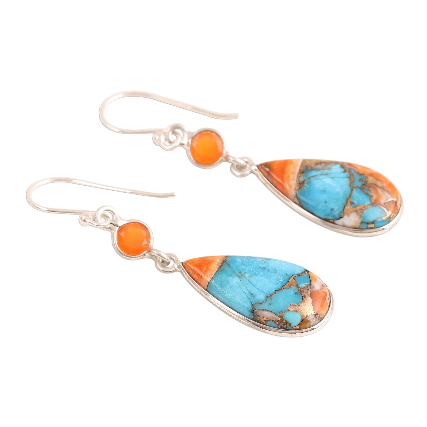 Teardrop Glamour Carnelian and Composite Turquoise Dangle Earrings from India