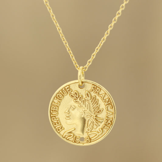 Vintage Coin Vintage French Coin Gold Plated Sterling Silver Necklace