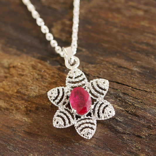 Snow Flower Foral Faceted Ruby Pendant Necklace from India