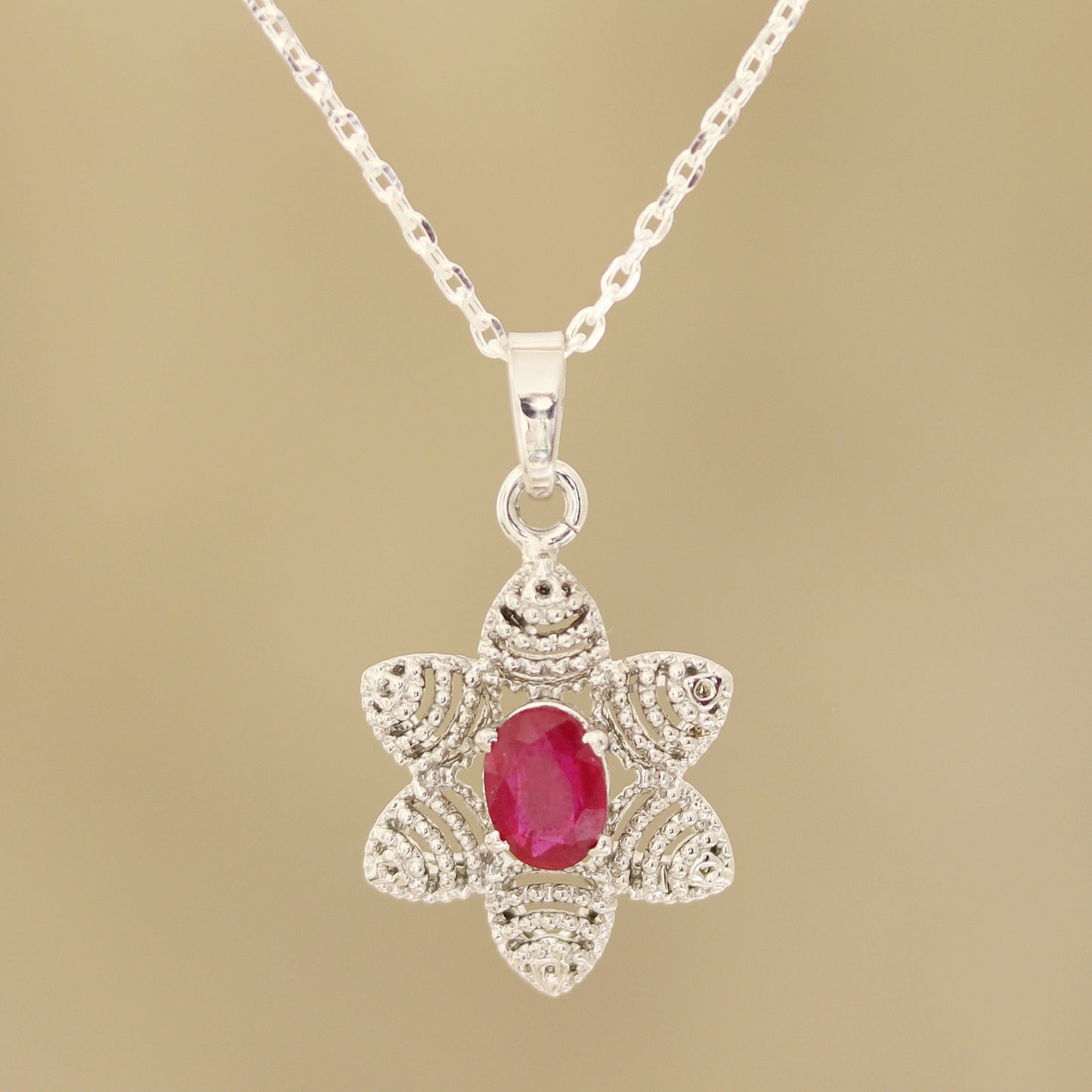 Snow Flower Foral Faceted Ruby Pendant Necklace from India