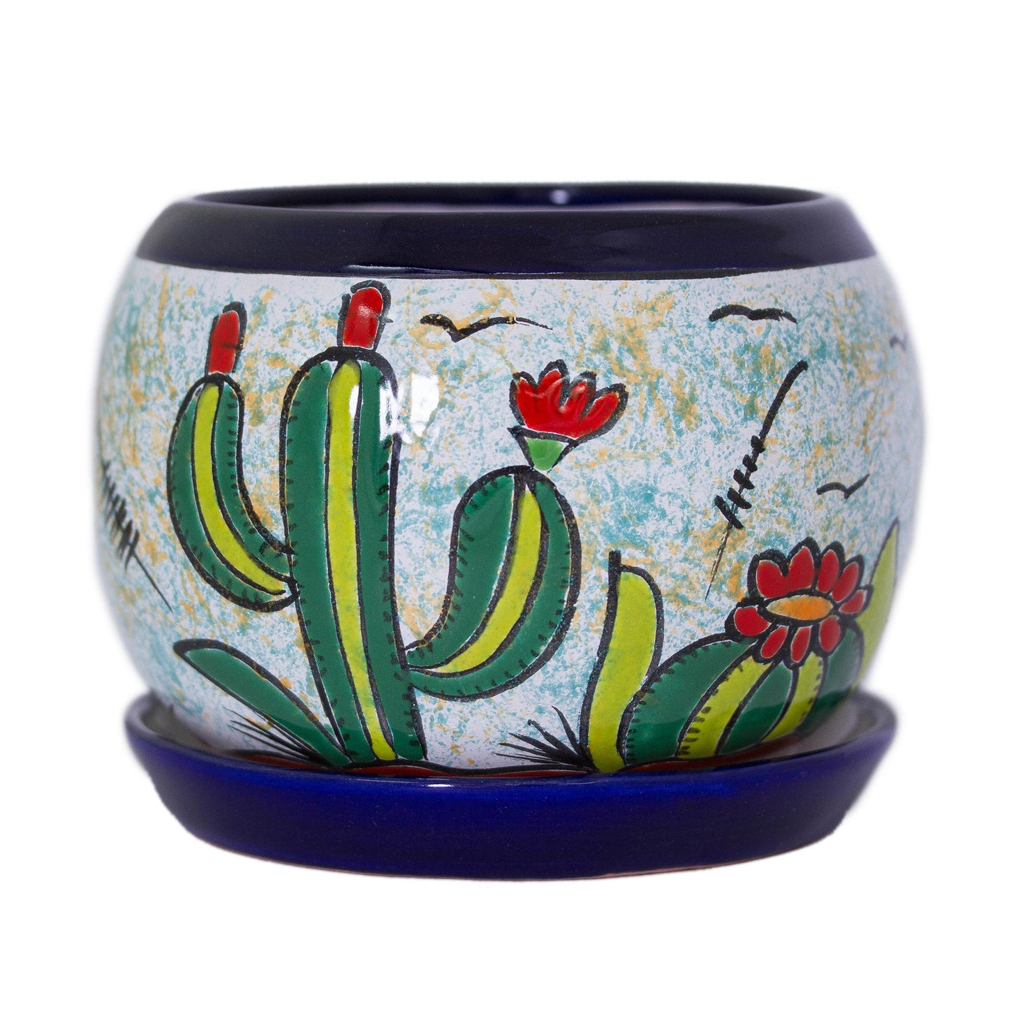 Mexican Memories Handcrafted Ceramic Flower Pot with Cactus Images