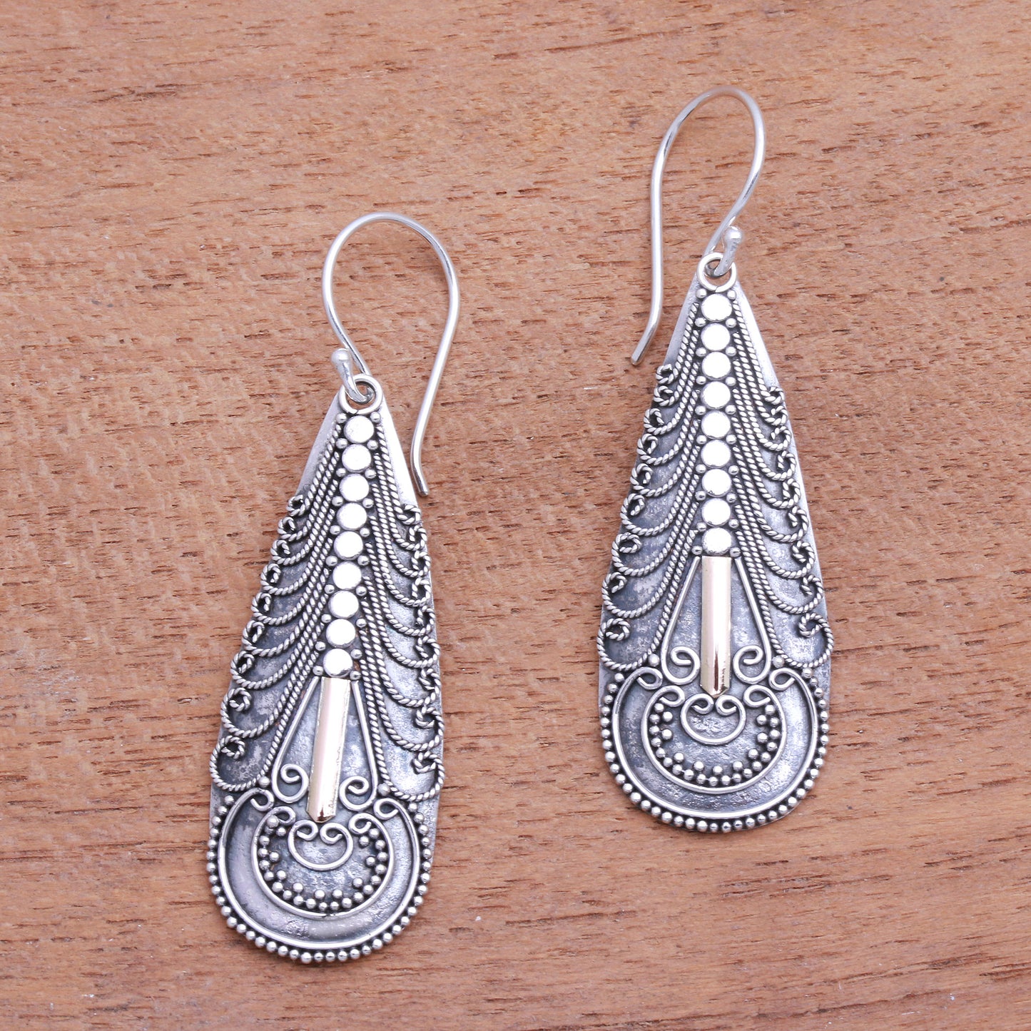 Balinese Culture Handmade Gold Accented Sterling Silver Dangle Earrings