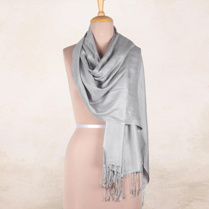 Silver Nights Pure Silk Shawl in Silver Grey from India