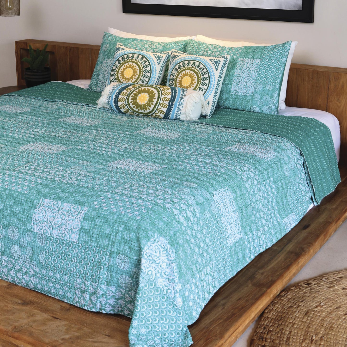 Kantha Charm in Turquoise Kantha Cotton Bedspread and Shams in Seaglass (3 Piece)