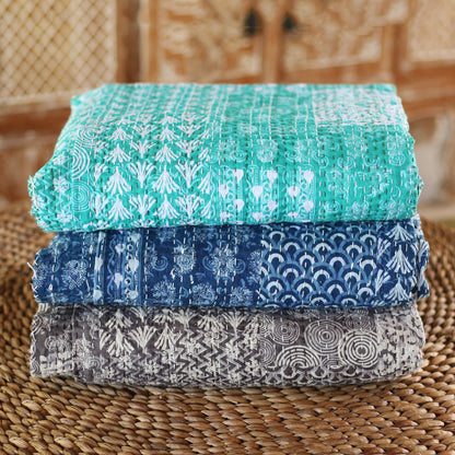 Kantha Charm in Turquoise Kantha Cotton Bedspread and Shams in Seaglass (3 Piece)