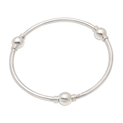 Round Trio Orb Motif Sterling Silver Bangle Bracelet from Bali