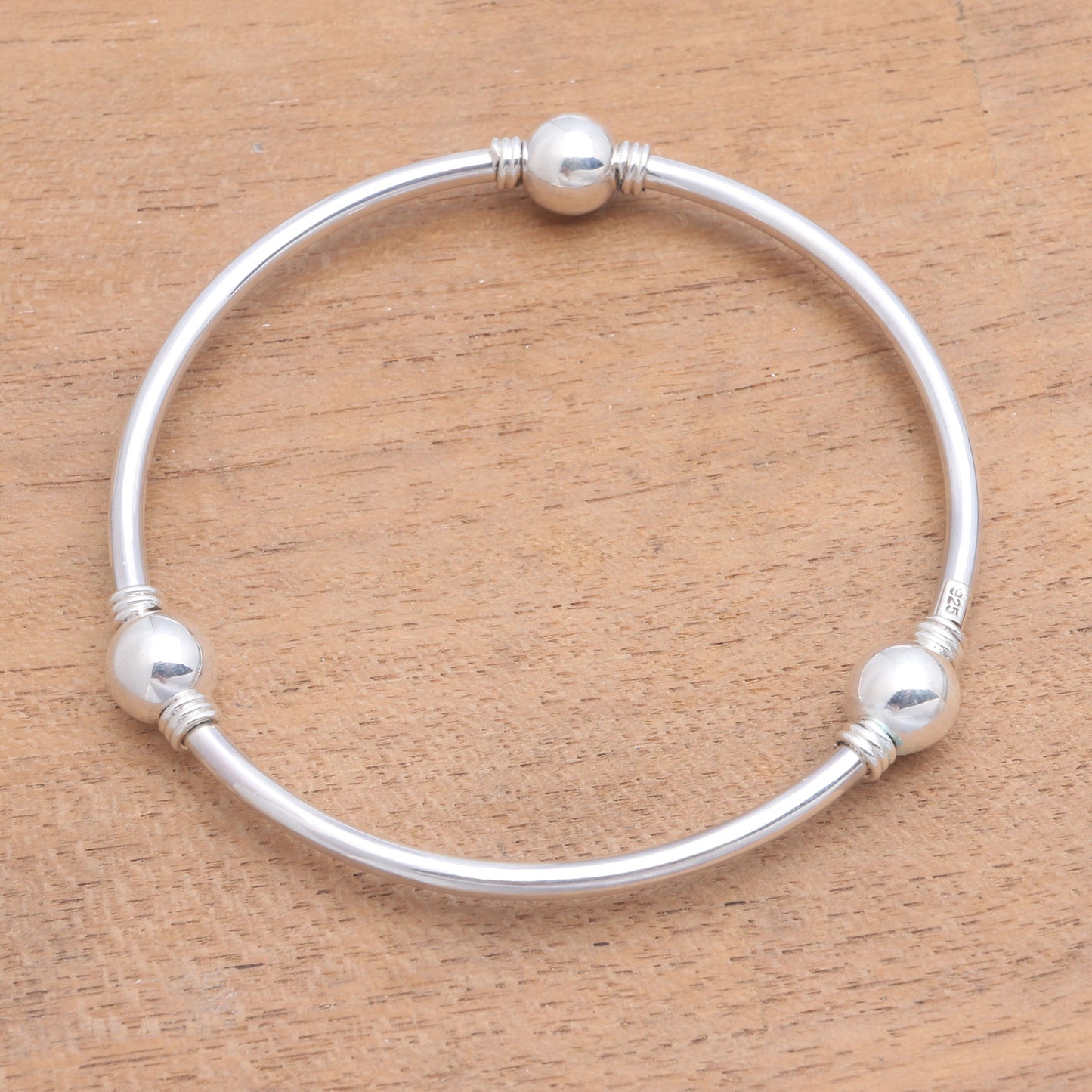 Round Trio Orb Motif Sterling Silver Bangle Bracelet from Bali