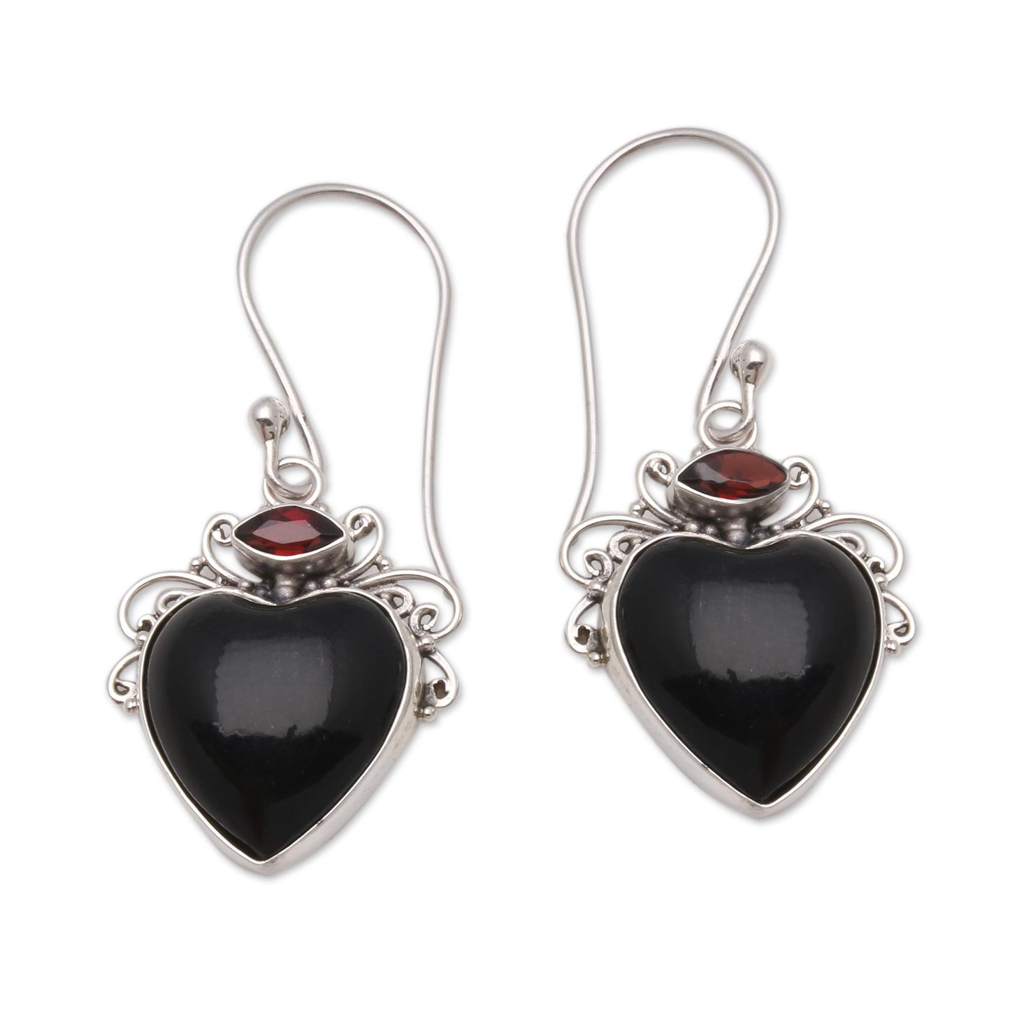 Dark Passion Heart-Shaped Garnet and Horn Dangle Earrings from Bali